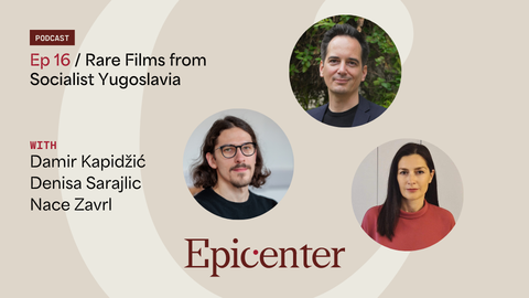 Two-toned warm gray graphic with circular headshots of two women and two men who were speakers on a podcast episode about Yugoslavian film.
